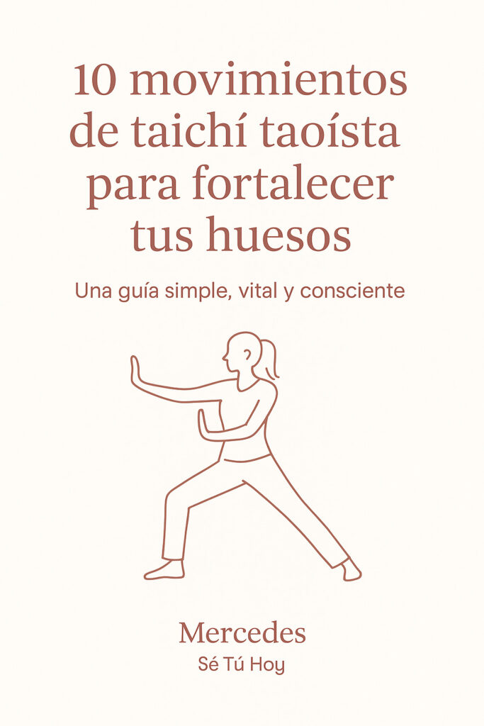 “Portada de la guía 10 movimientos de taichí taoísta para fortalecer tus huesos, con ilustración minimalista de una mujer practicando taichí.”